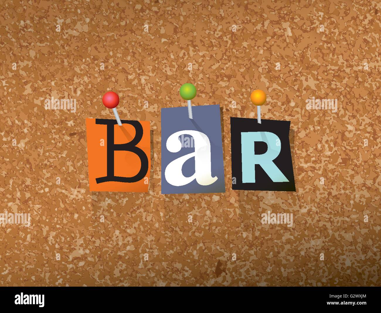 The word "BAR" written in cut letters and pinned to a cork bulletin