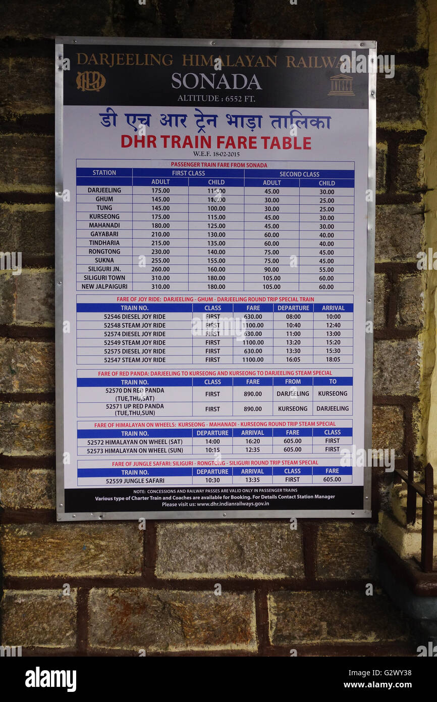 DHR Train Fare Table put up at Sonada railway station Stock Photo