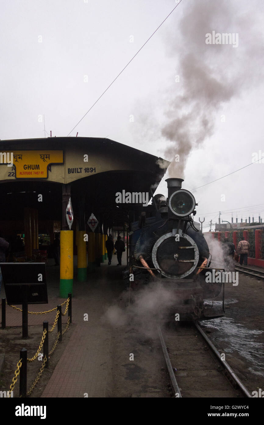 Steam Locomotive of Darjeeling Himalayan Railway resting at Ghum railway station, the highest railway station in India. Stock Photo