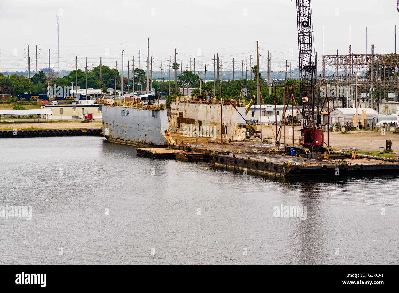 Repair dry dock with crane docked at Port of Tampa Bay.  Tampa Bay, Florida Stock Photo