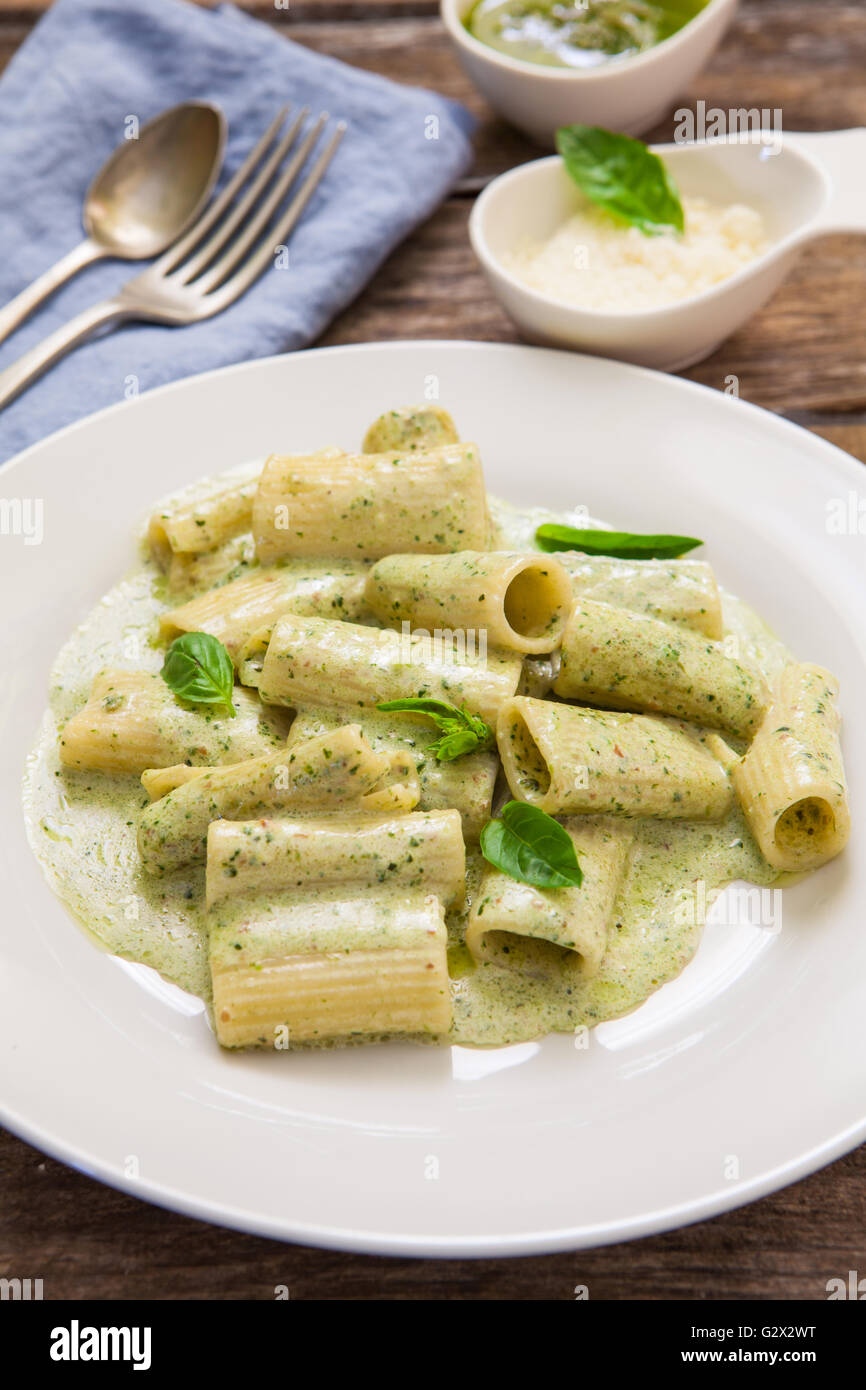 rigatoni with pesto sauce and cheese Stock Photo Alamy