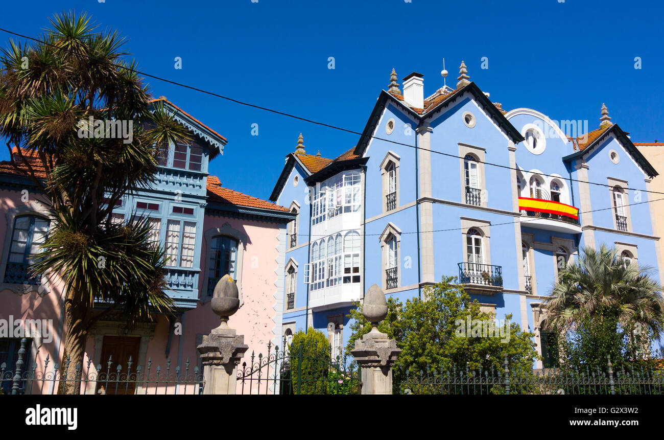 Typical beautiful and colorful buildings in the city of Llanes in Spain Stock Photo