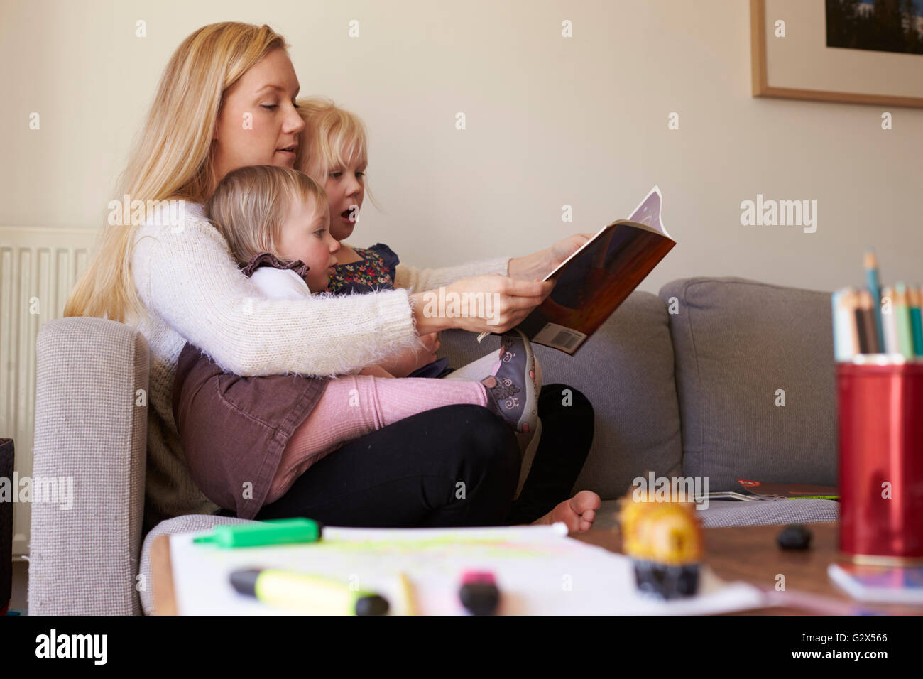 Mother Sitting On Sofa Reading Story With Daughters Stock Photo