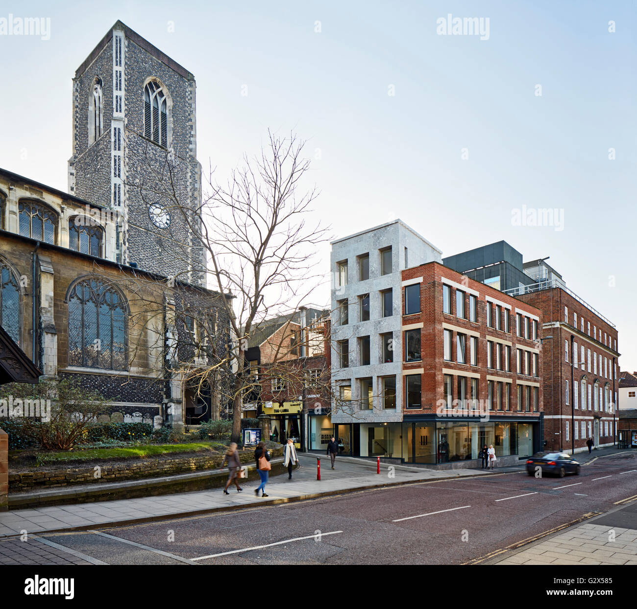 Street view including St Andrews Church tower. Cavendish House, Norwich