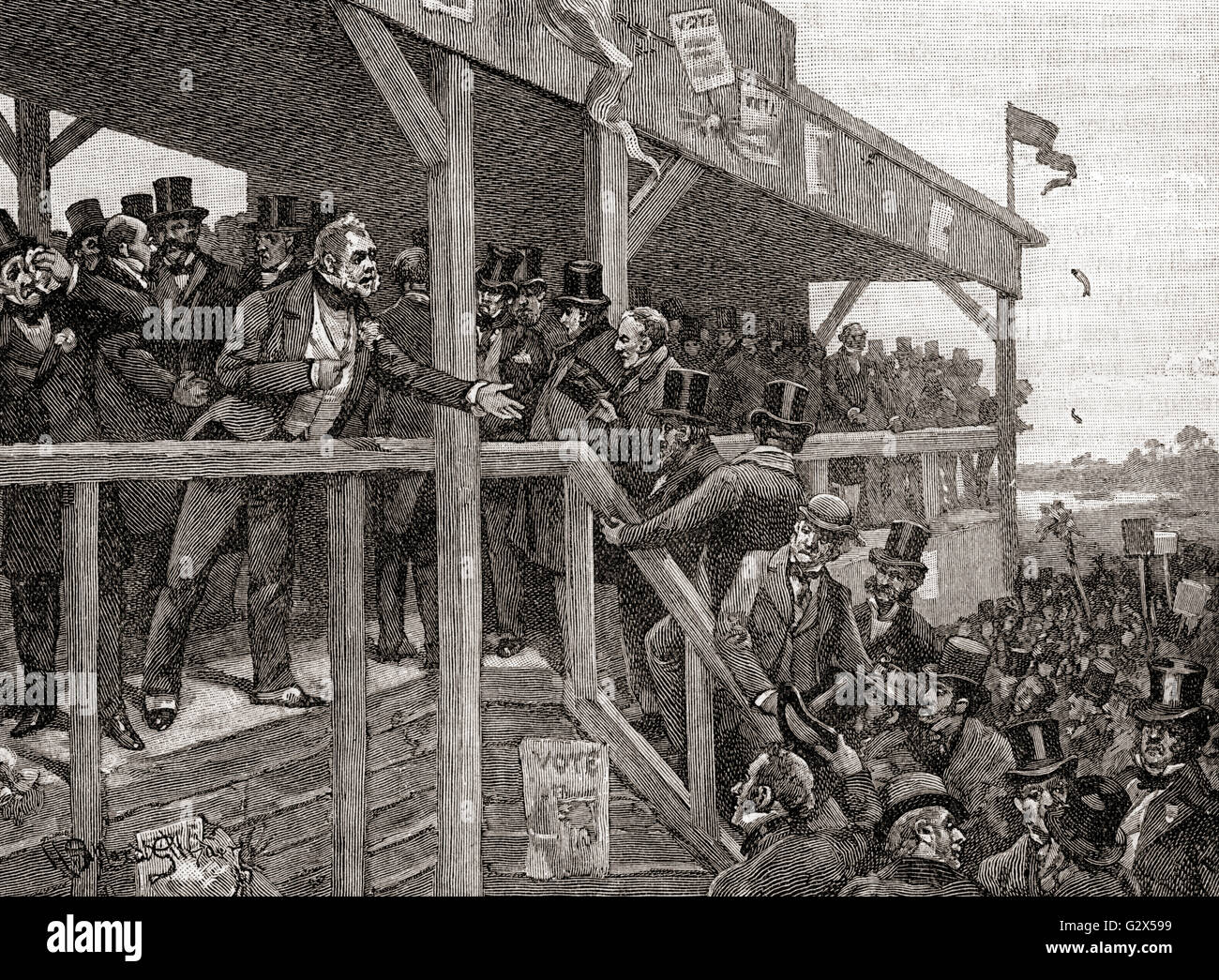 A scene at the hustings in the days of open election before the Ballot Act of 1872. Stock Photo