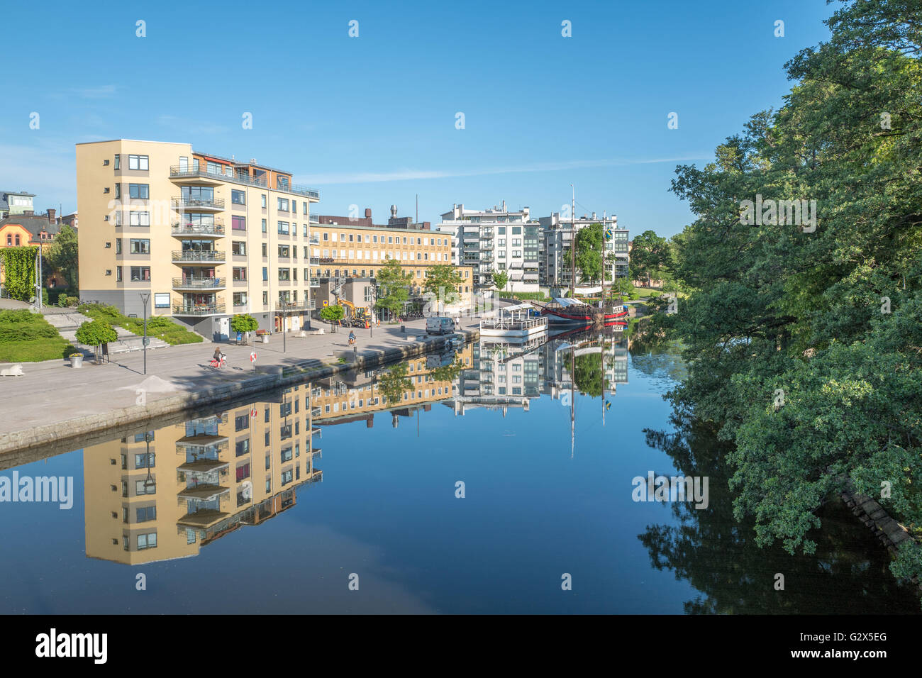 Summer morning by river Stångån. Sweden. Linköping is a famous ...