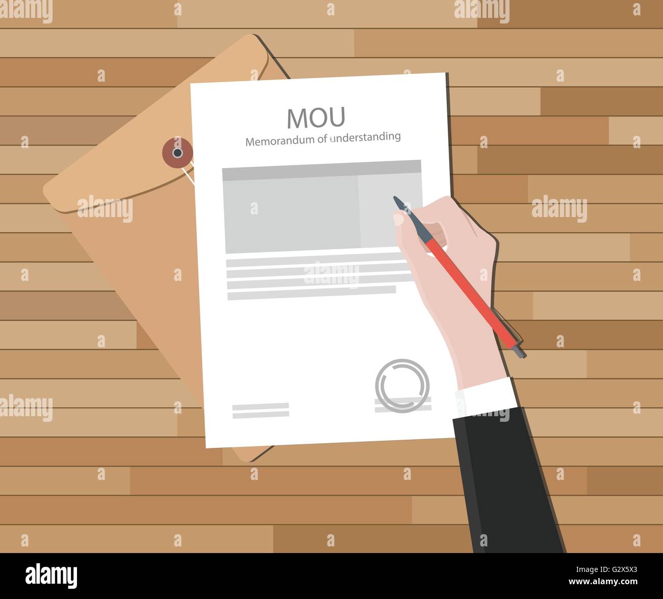 mou memorandum of understanding text on document hand signing on top of wood table vector graphic Stock Vector