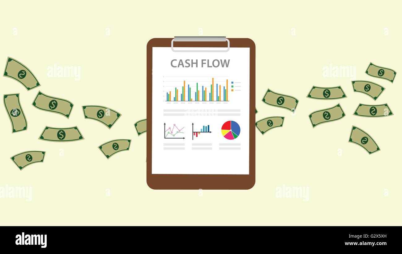 Paper Money Flow cashflow with clipboard graph chart with money flowing behind the paper ...