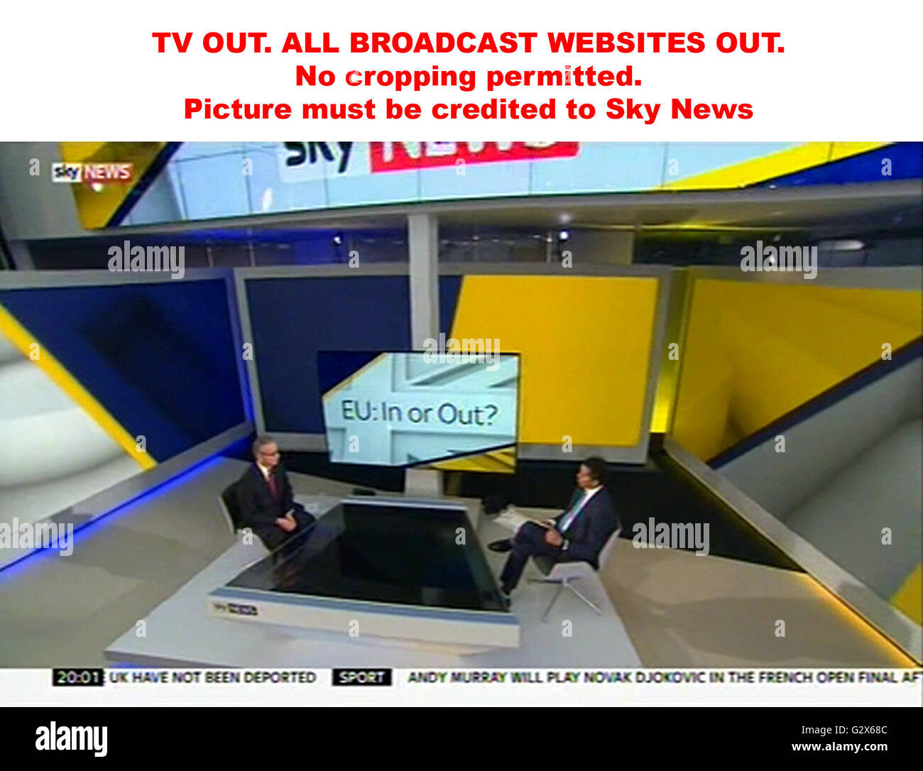 TV OUT. INTERNET OUT. No cropping permitted. Picture must be credited to Sky News. We are advised that videograbs should not be used more than 48 hours after the time of original transmission, without the consent of the copyright holder. Video grab taken from Sky News of Justice Secretary Michael Gove taking part in a live interview with Faisal Islam on the EU referendum, at the Sky News studios in Osterley, west London. Stock Photo
