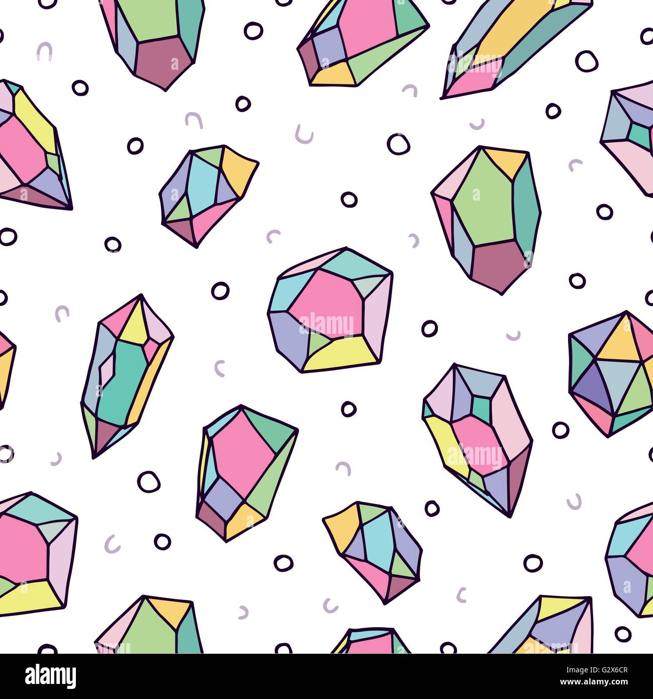 Cute 80s style art seamless pattern of colorful crystal mineral stones in soft pastel colors, simple hand drawn rainbow diamond Stock Vector