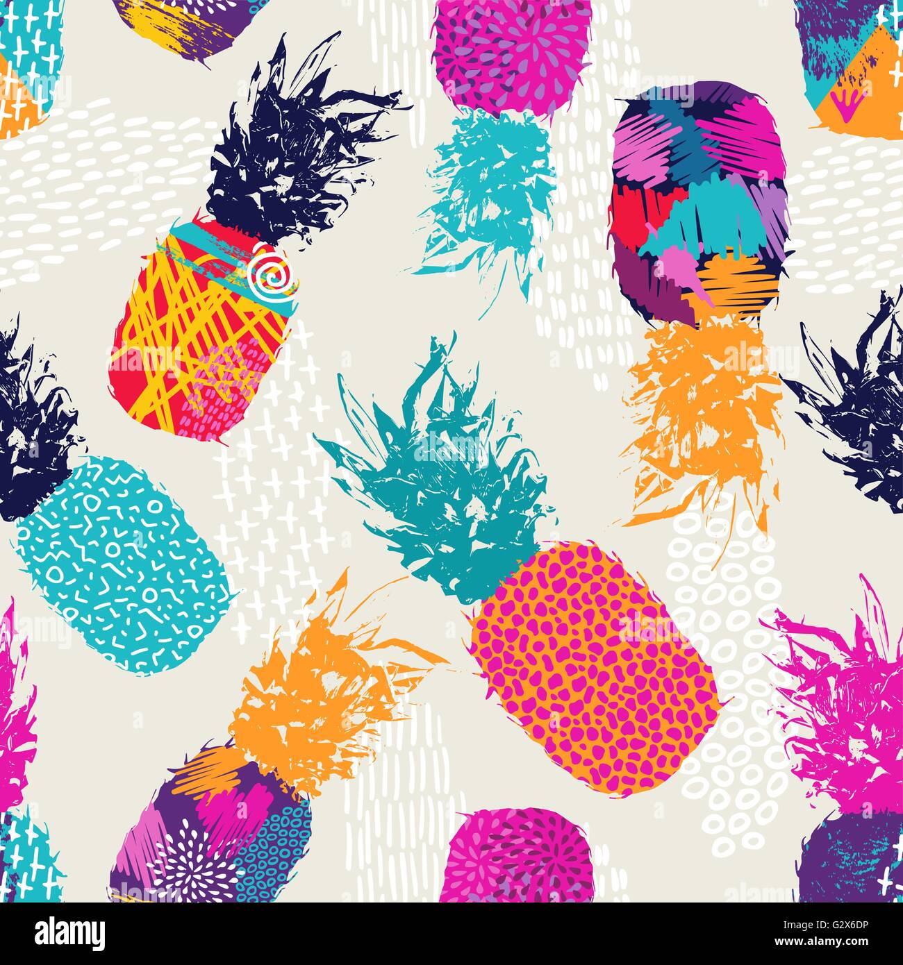 Retro summer seamless pattern design, pineapple fruit with happy ...