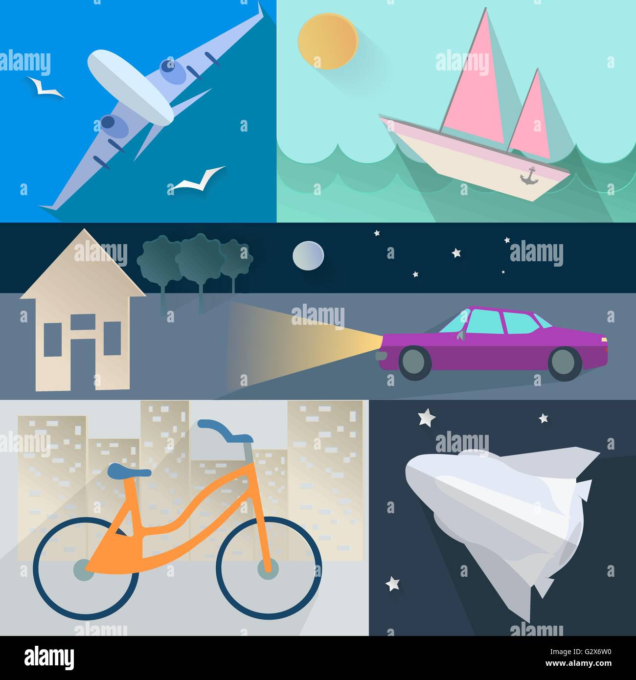 Set flet transport, plane, car, boat, home, bike, rocket, sea, trees ...