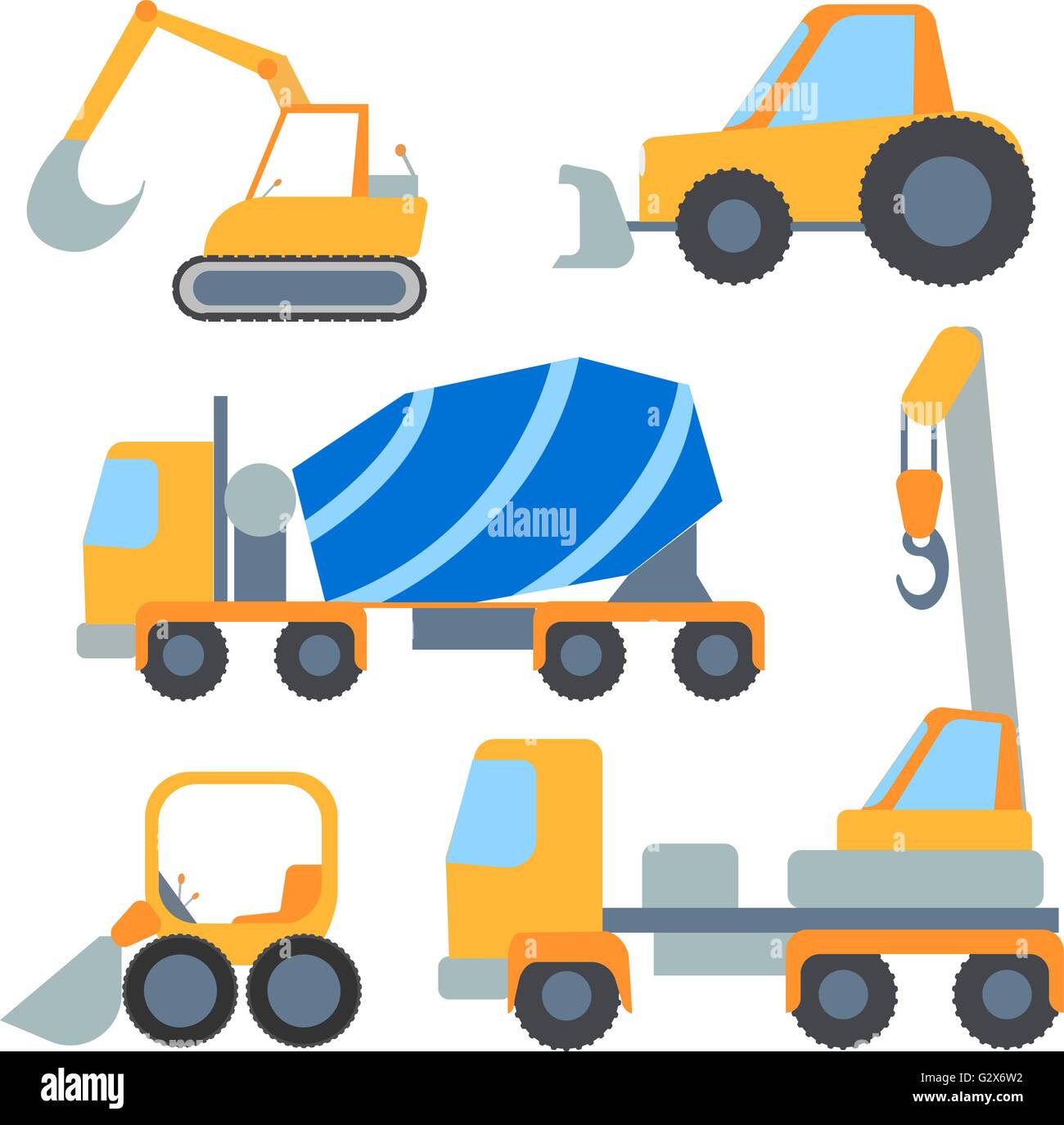 Set flet cars, tractor carrier, concrete mixer, excavator, bulldozer, crane Stock Vector