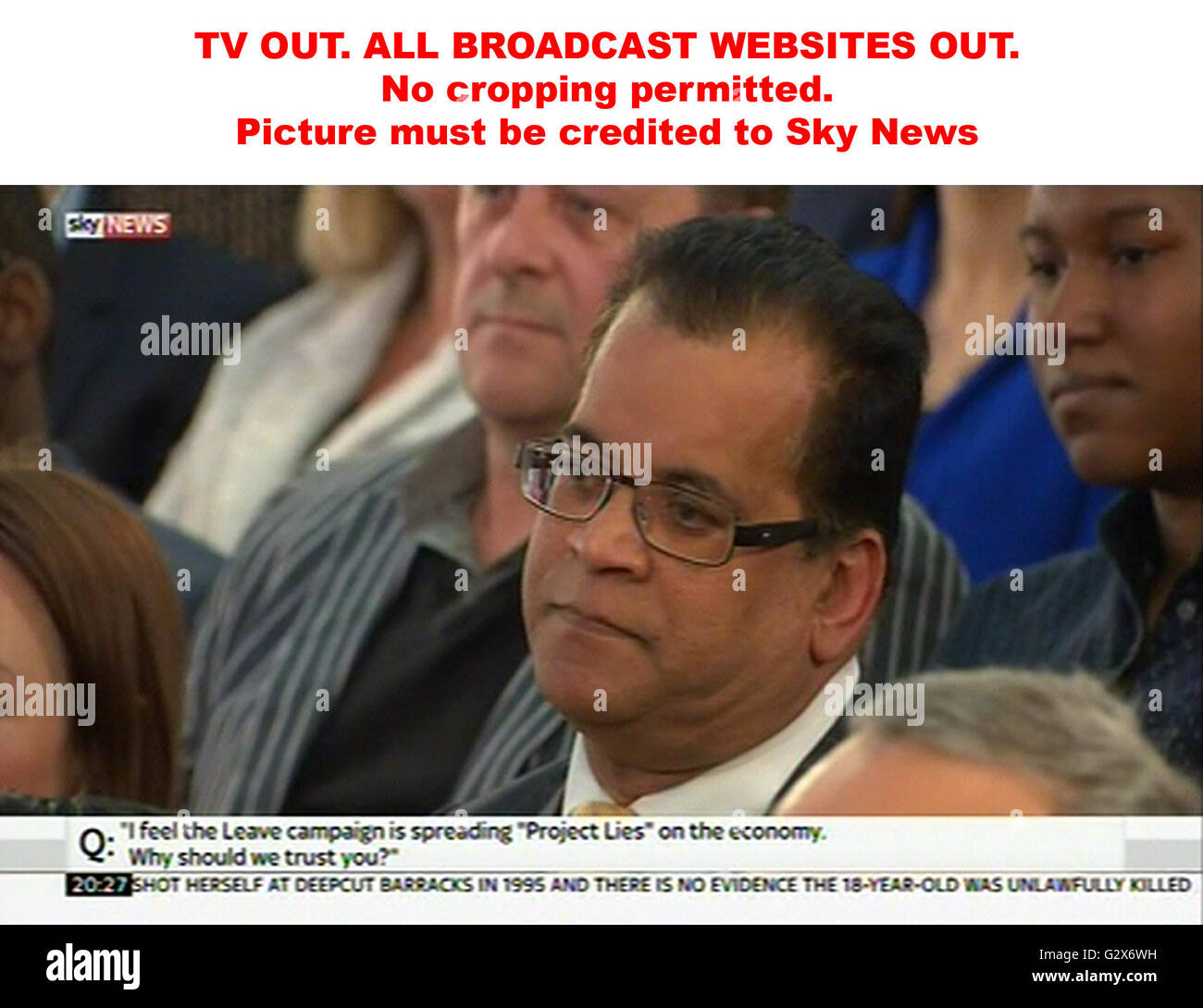 TV OUT. INTERNET OUT. No cropping permitted. Picture must be credited to Sky News. We are advised that videograbs should not be used more than 48 hours after the time of original transmission, without the consent of the copyright holder. Video grab taken from Sky News of John Shankar asking Justice Secretary Michael Gove a question during a Q&A on the EU referendum, at the Sky News studios in Osterley, west London. Stock Photo