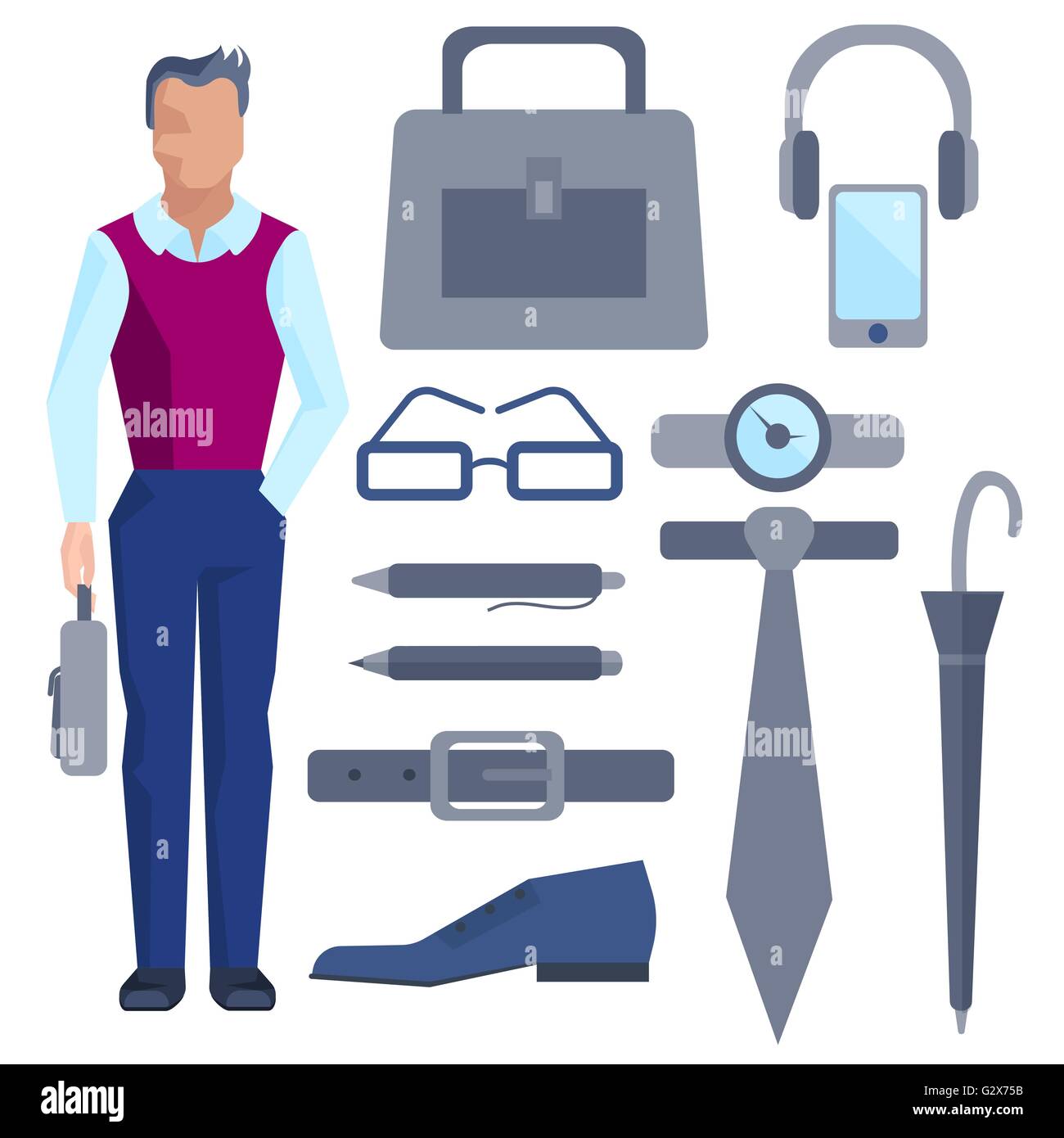 Cartoon businessman with set of office accessories Stock Vector Image