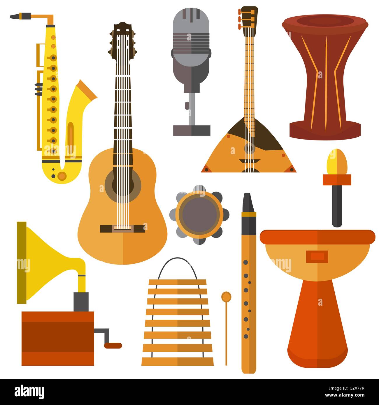 Set musical instruments guitar, gramophone, trumpet, microphone
