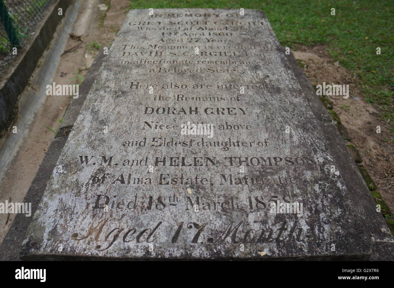 Headstone at Kandy Garrison Cemetery, Kandy, Sri Lanka of  Dorah Grey, an English baby girl who died at 17 months. Stock Photo