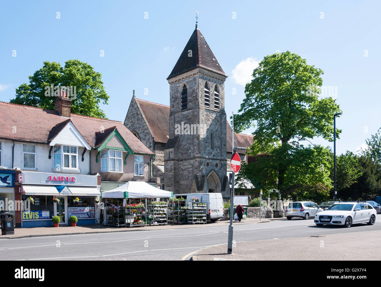 St Matthew's Church and shops, Church Road, Ashford, Surrey, England