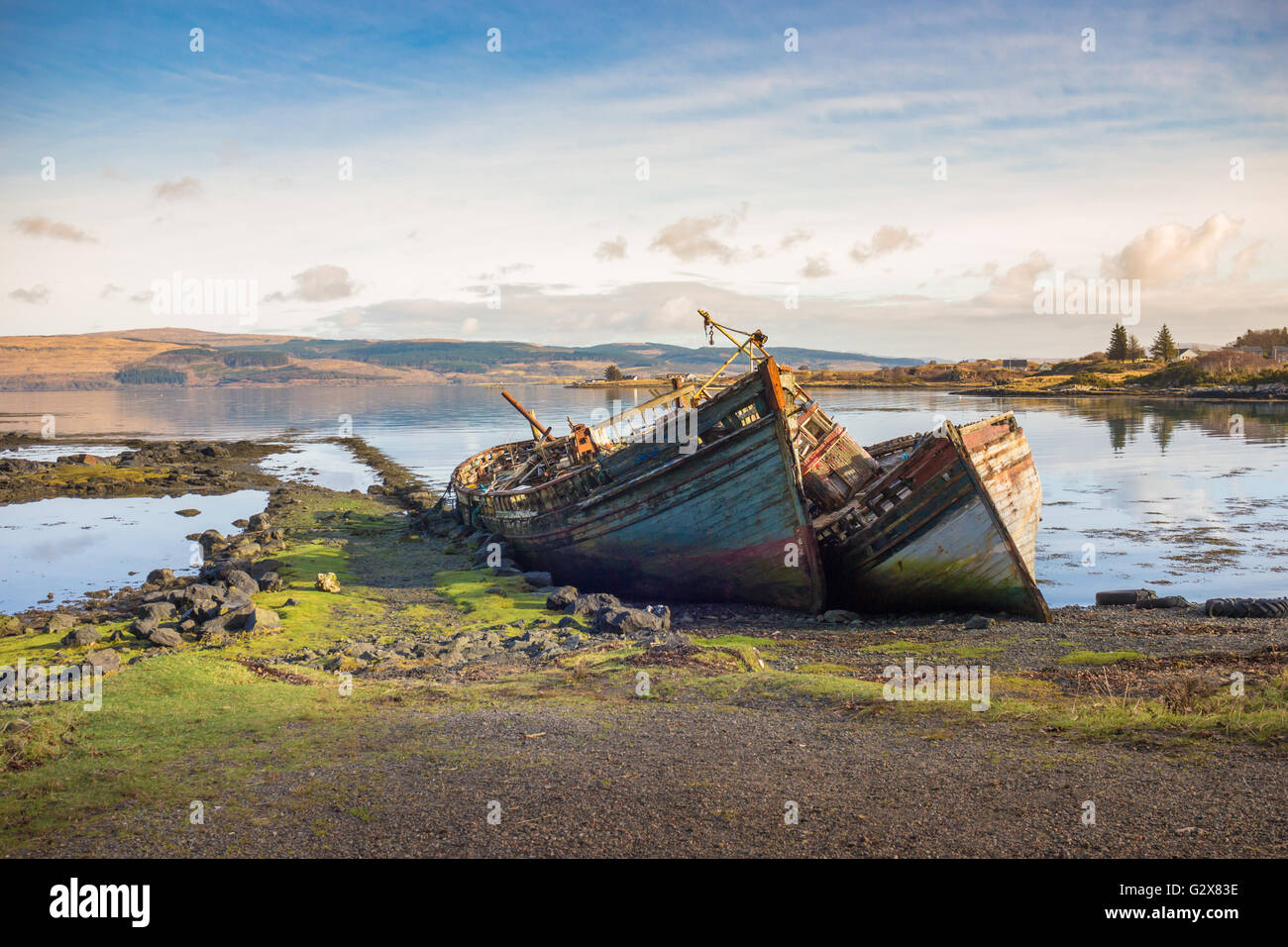 old wooden fishing boat wrecks on mull Stock Photo - Alamy