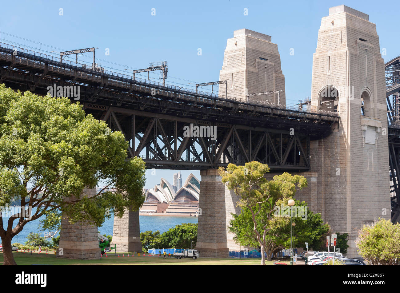 View of Sydney Harbour Bridge and Opera House from Bradfield Park, Milsons Point, Sydney, New South Wales, Australia Stock Photo