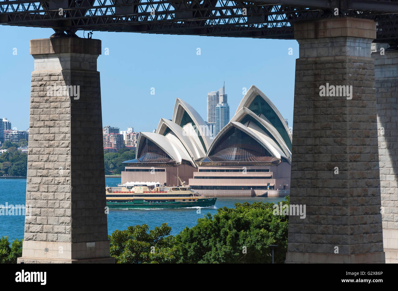 View of Sydney Harbour Bridge and Opera House from Bradfield Park, Milsons Point, Sydney, New South Wales, Australia Stock Photo