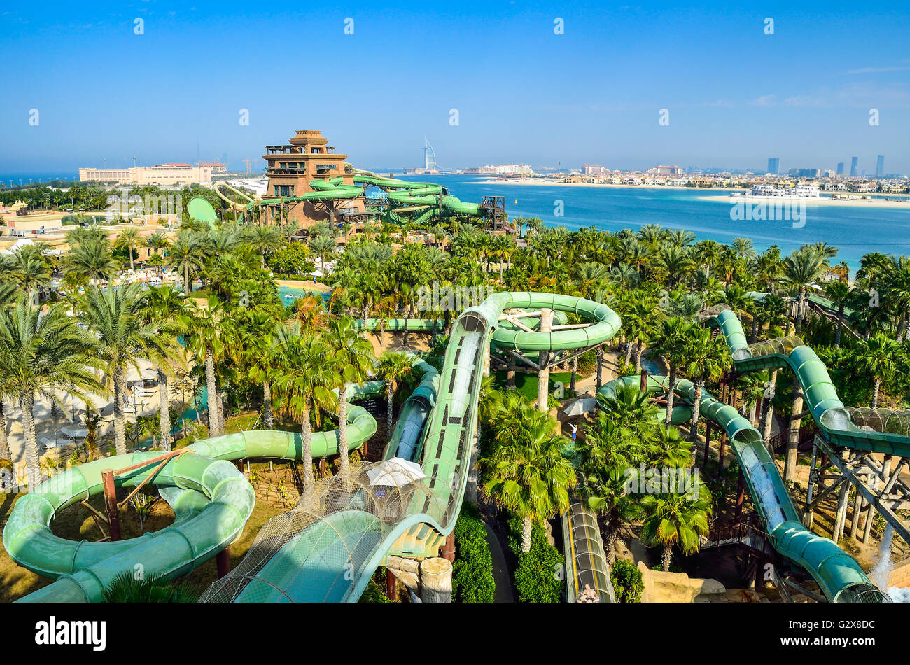 Aquaventure Waterpark in Atlantis. The Palm is the best Water Park in Dubai, packed with world first, record breaking rides. Stock Photo