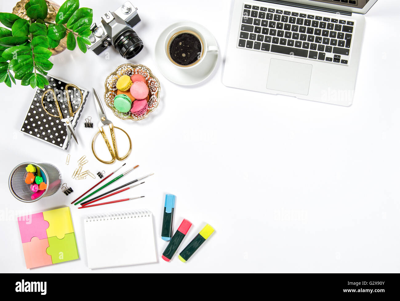 Feminine Office Desk Workplace Coffee Cookies Laptop Computer And