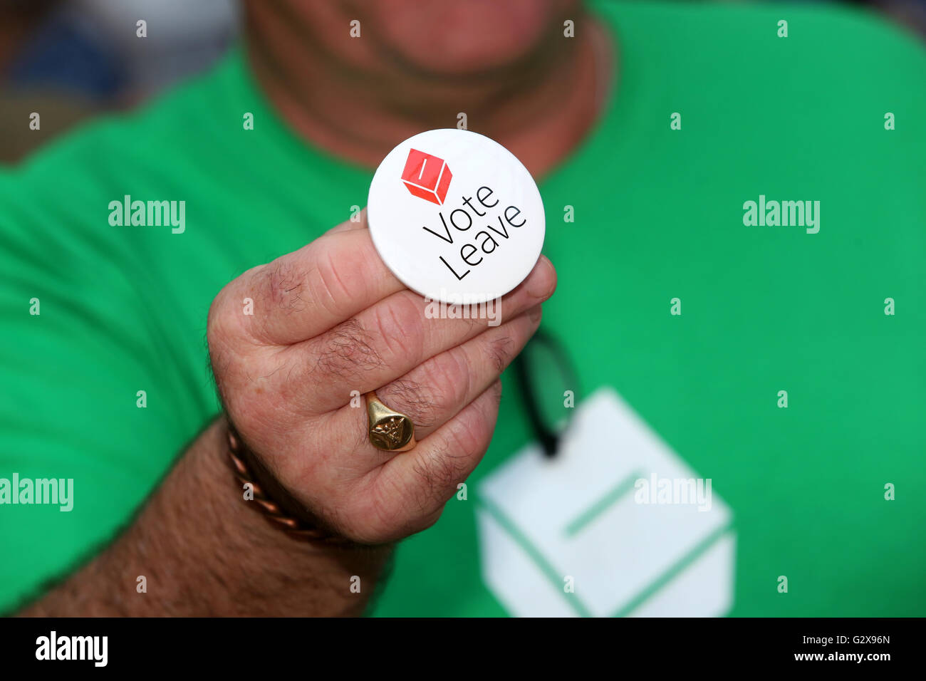 The UK's EU referendum: Local debate in Bognor Regis, West Sussex, UK. Pictured is detail of the Vote Leave badge. Stock Photo