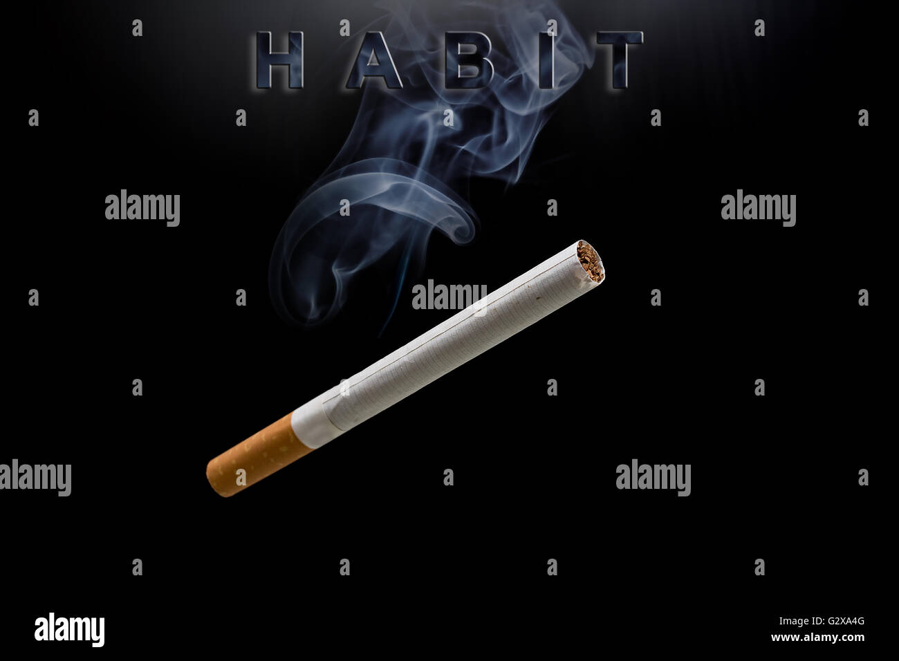cigarette, smoke and text habit Stock Photo