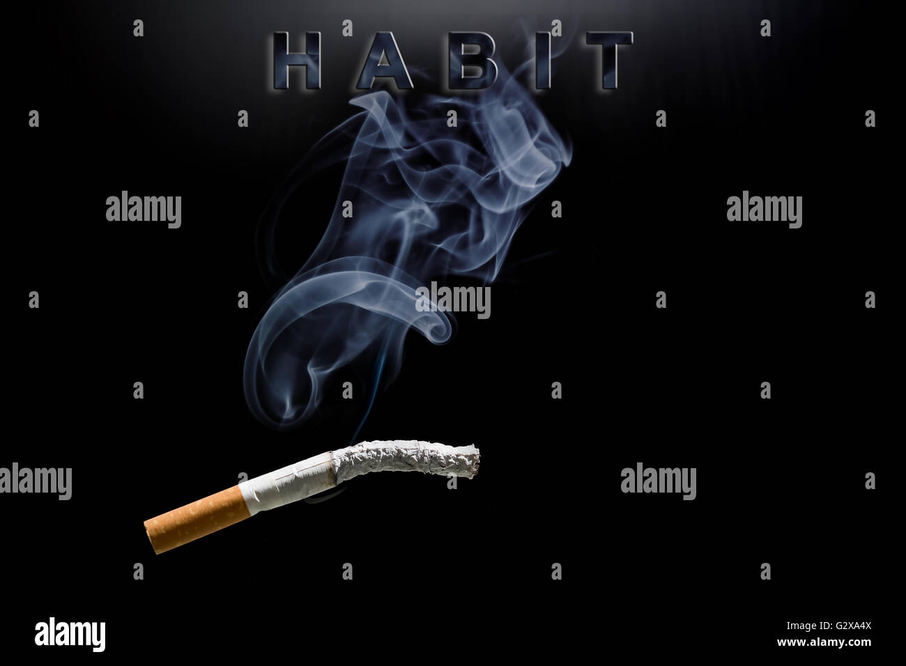 Burning cigarette, smoke and text habit Stock Photo