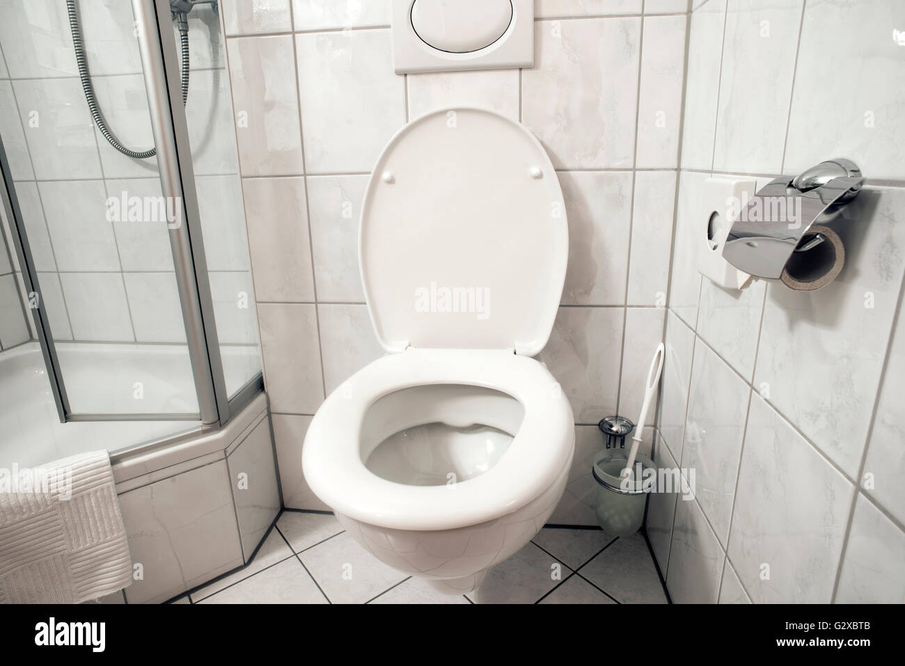 Toilettes Blanches Carreaux Piston Papier Toilette Avec Balustrades  Métalliques Dans image libre de droit par stockphotofan1 © #382753424