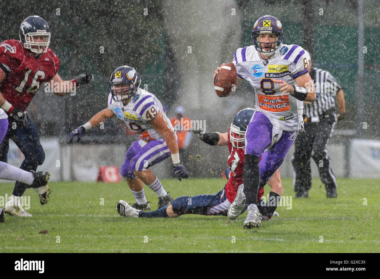 American football, QB Christoph Gross, No. 8 Vikings, runs with the