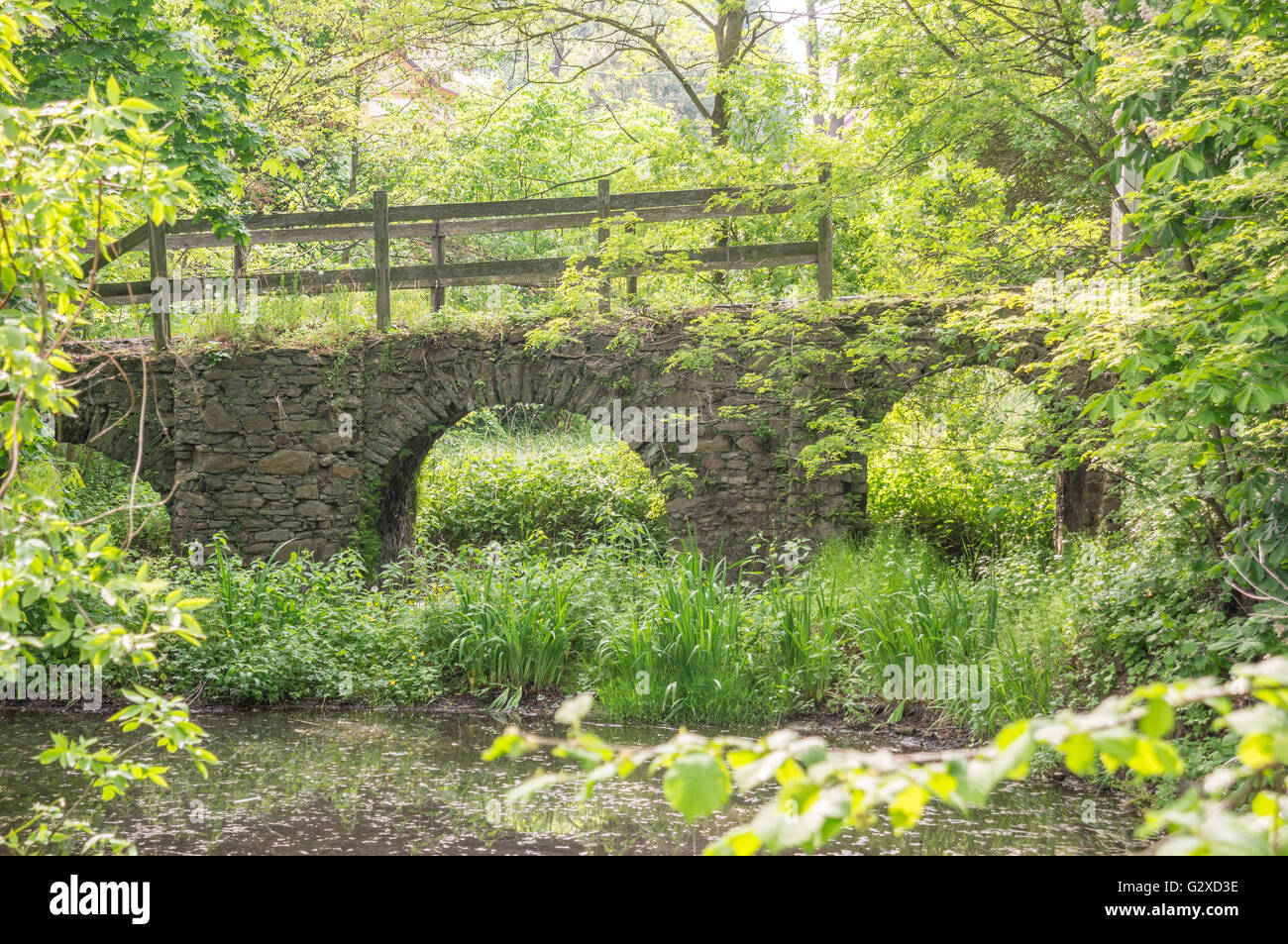 Ruined old stony bridge over the moat in the spring greenery Stock Photo