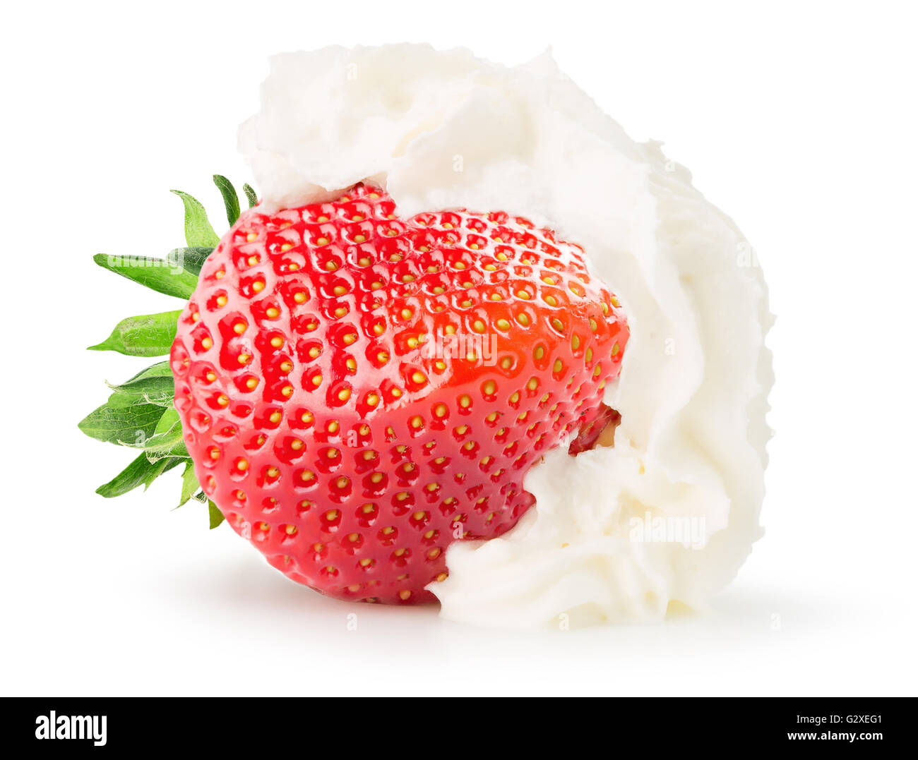 strawberry with whipped cream isolated on the white background. Stock Photo
