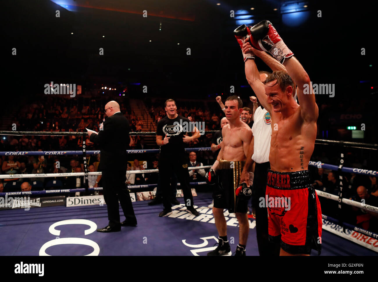 Thomas Stalker celebrates victory over Antonio Joao Bento at the Echo Arena, Liverpool. PRESS ASSOCIATION Photo. Picture date: Saturday June 4, 2016. See PA story BOXING Liverpool. Photo credit should read: Peter Byrne/PA Wire Stock Photo