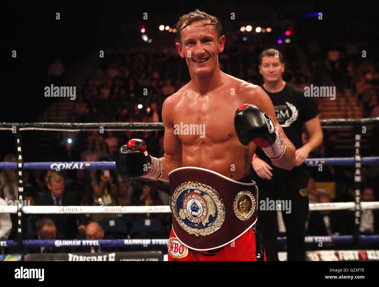 Thomas Stalker celebrates victory over Antonio Joao Bento at the Echo Arena, Liverpool. PRESS ASSOCIATION Photo. Picture date: Saturday June 4, 2016. See PA story BOXING Liverpool. Photo credit should read: Peter Byrne/PA Wire Stock Photo
