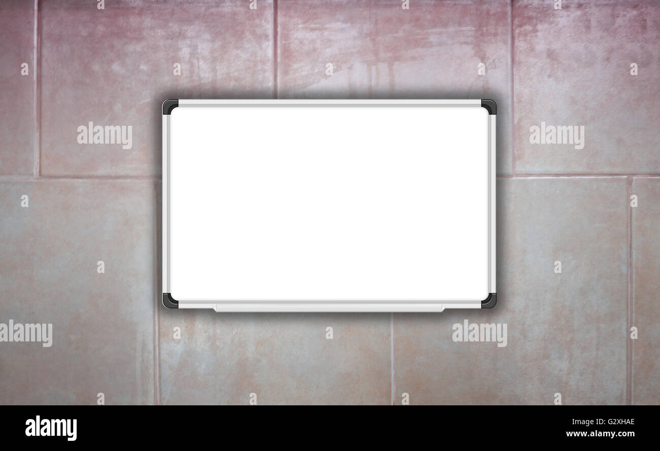 Blank white board on ceramic tiles wall texture background, stock photo Stock Photo