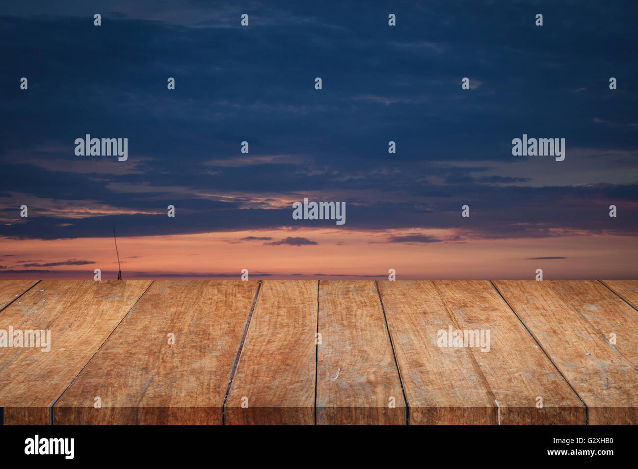 Perspective top wooden with sunrise beautiful sky, stock photo Stock Photo