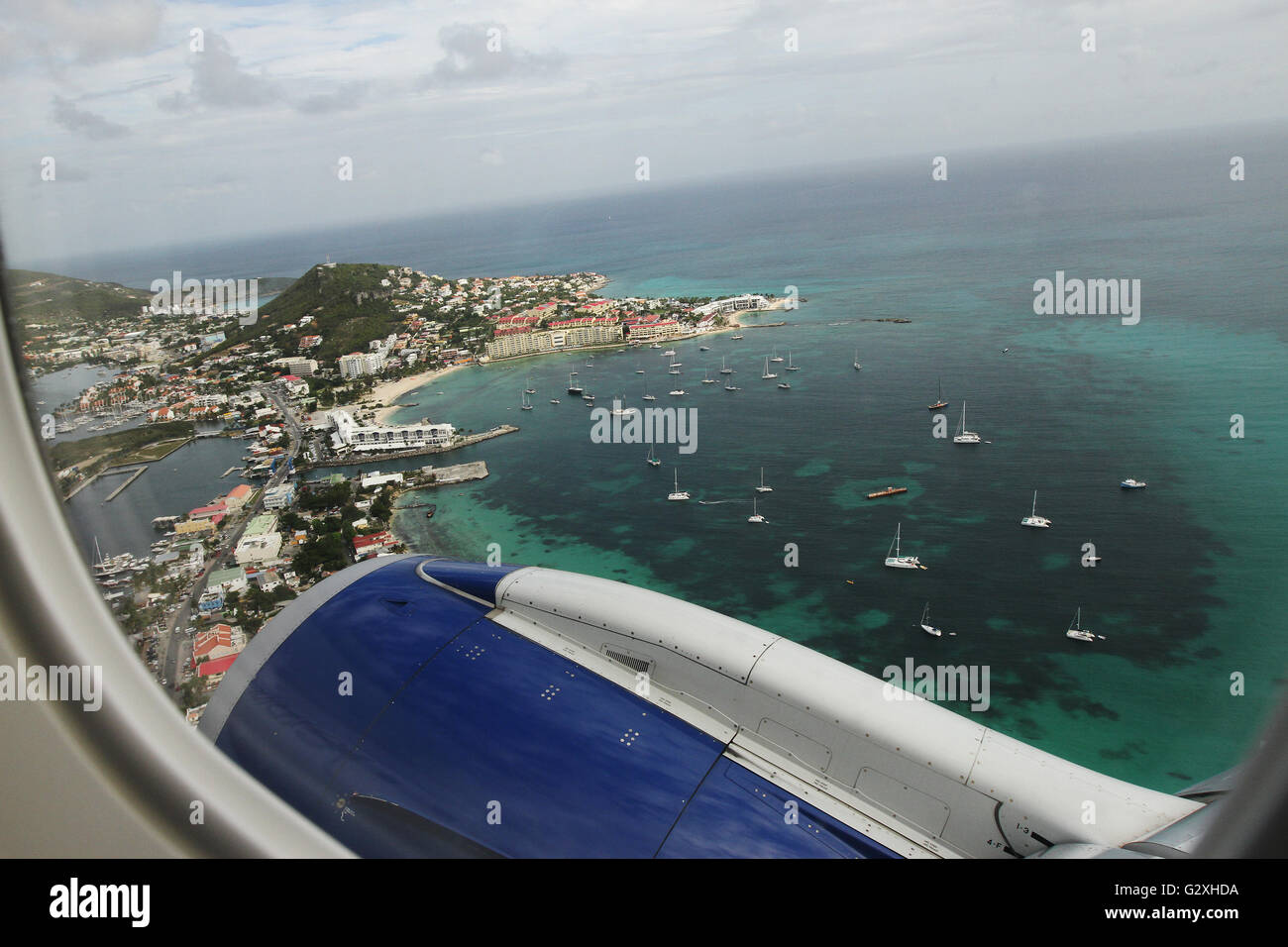 Aerial view of St Maarten from aboard last JetBlue flight serving San Juan. Stock Photo