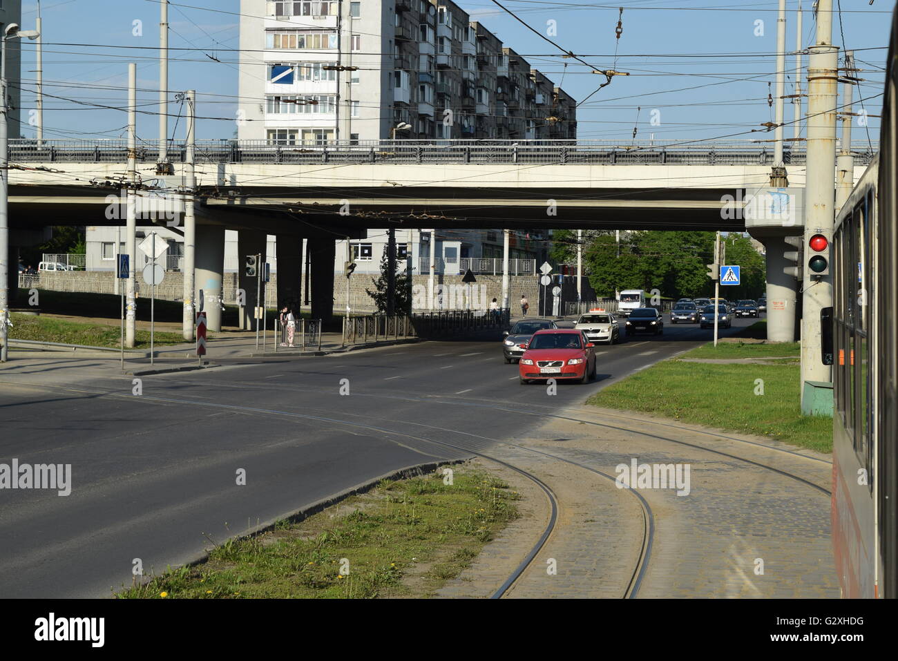 Tram view of Kaliningrad: modern state of the westernmost tramway in Russia Stock Photo