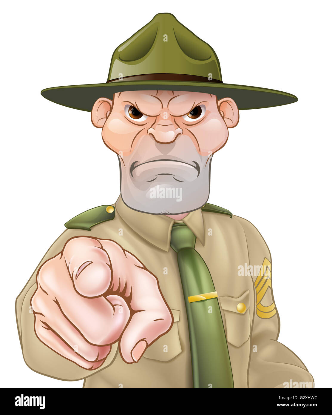 Angry cartoon army boot camp drill sergeant pointing Stock Photo