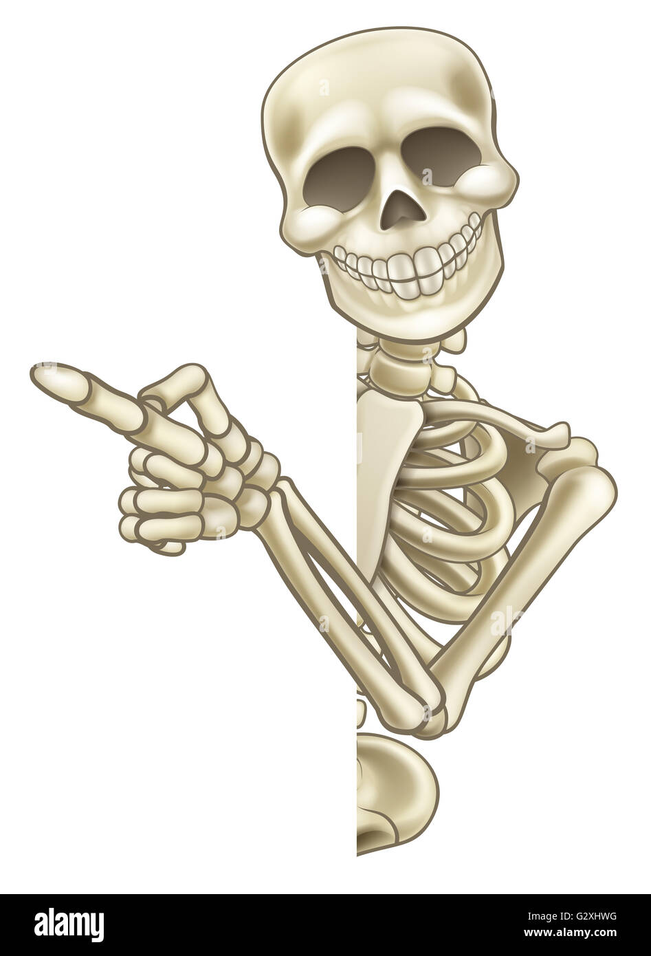 A skeleton cartoon character peeping around the side of a sign and pointing  at it Stock Photo - Alamy