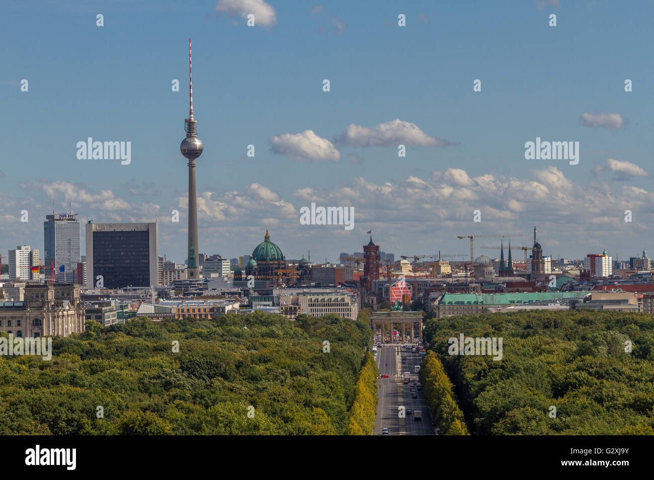 A view of the Berlin skyline with The TV Tower or Fernsehturm inhte distance, from The top of the Siegessaule or Victory Column ,Berlin, Germany Stock Photo