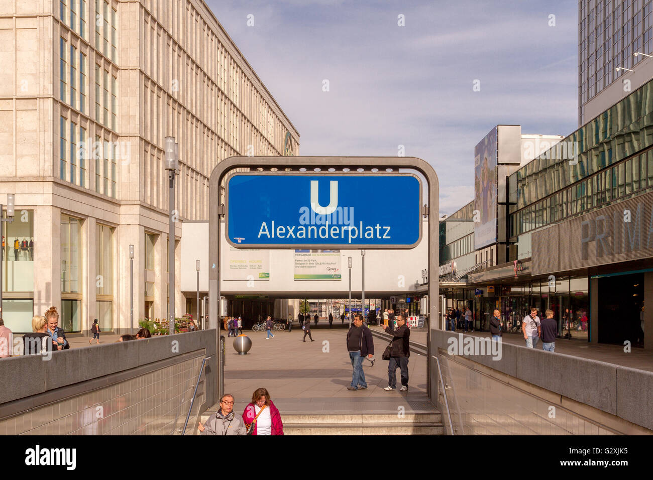 U Bahn Station entrance and sign at Alexanderplatz , a large public square in the Mitte district of Berlin, Germany Stock Photo