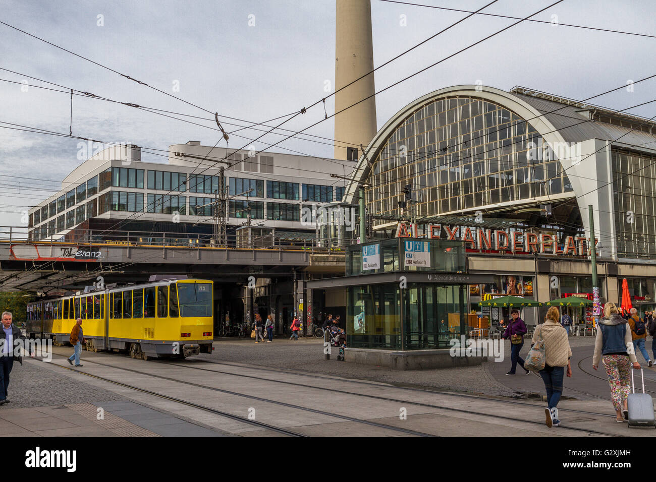 An M5 yellow Berlin tram arrives at Alexanderplatz station in the Mitte district of  Berlin, Germany Stock Photo