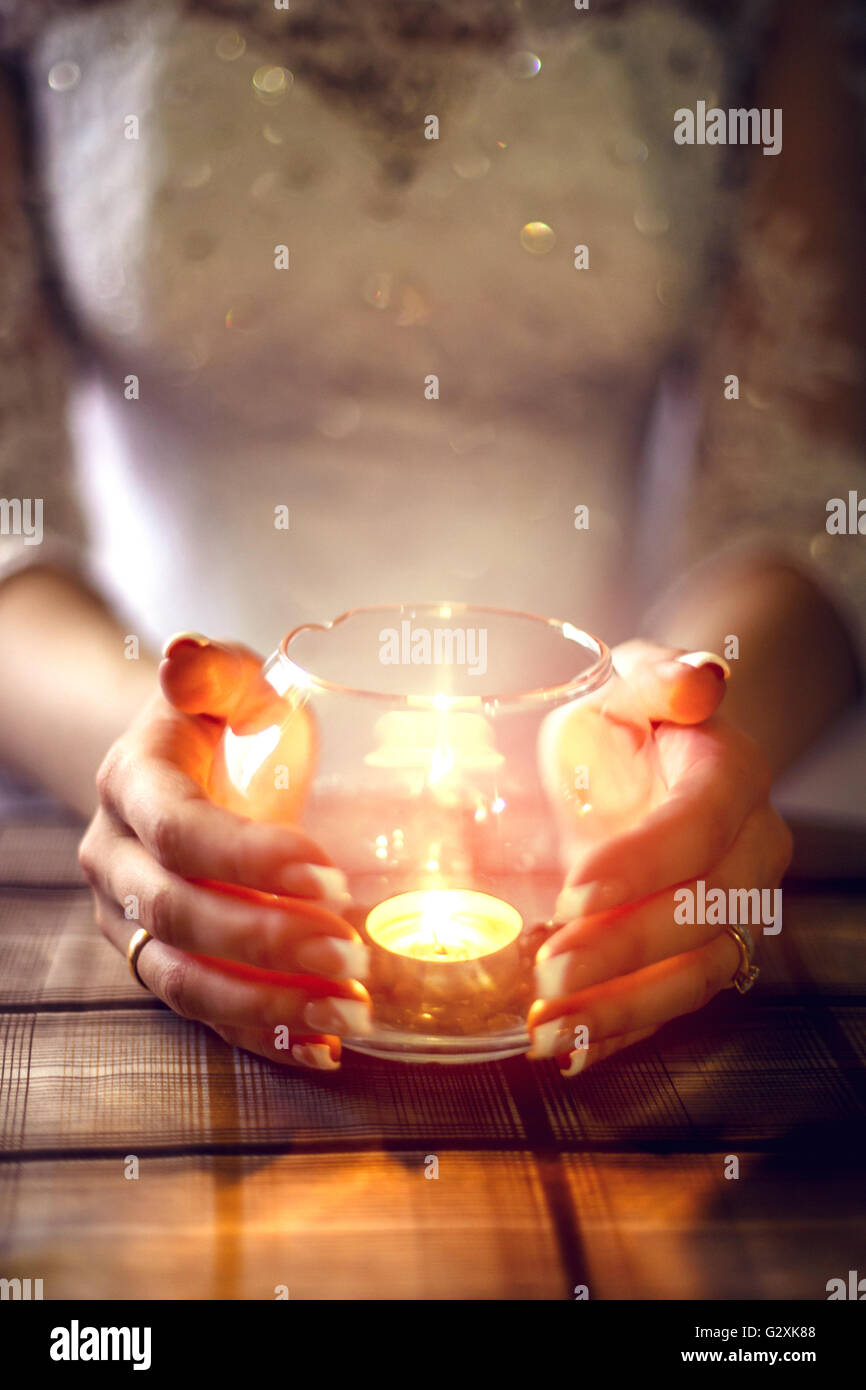 white dress hands Candle  life  style Stock Photo