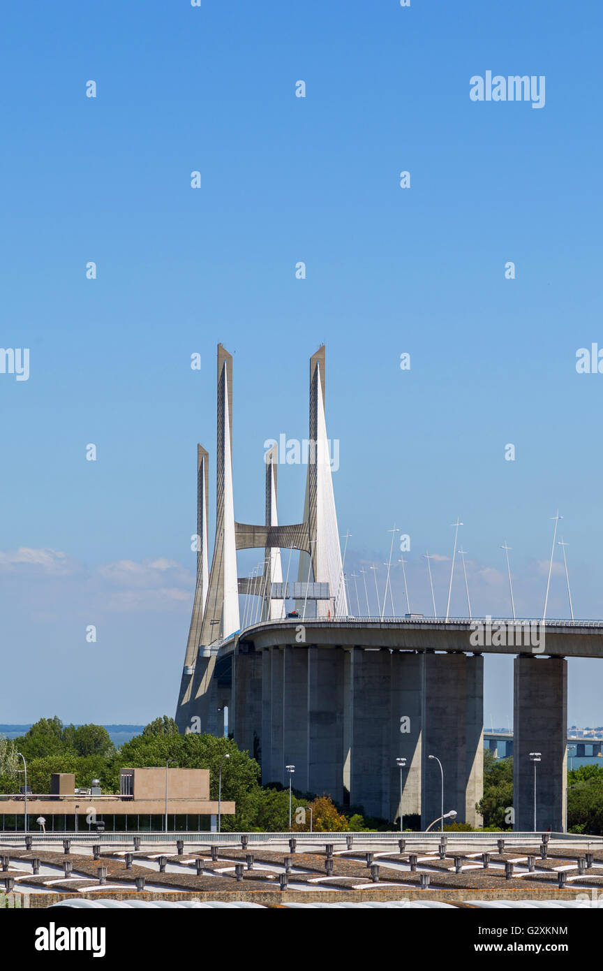 bridge the Vasco da Gama on river Tejo in european city Lisboa Stock Photo