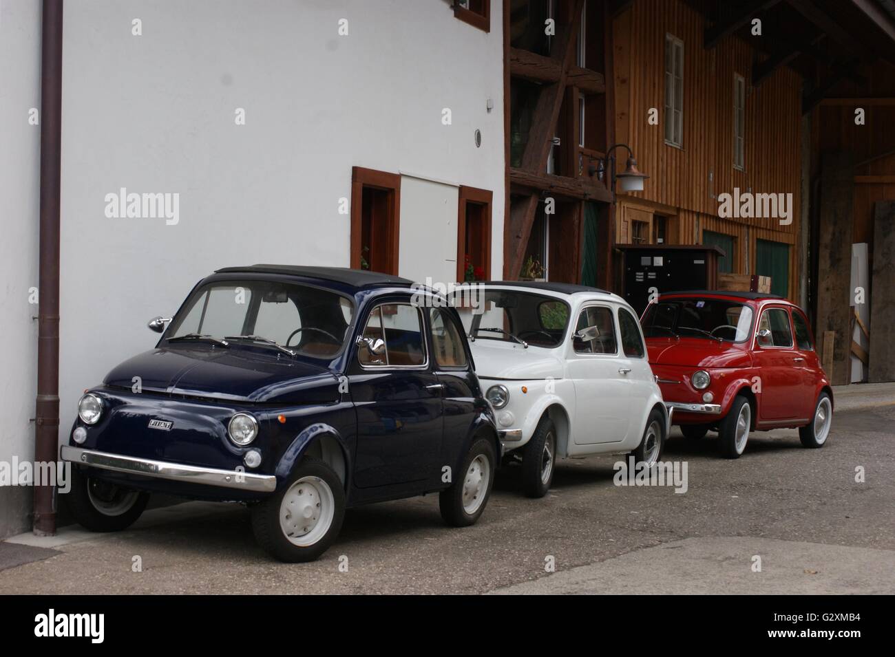 SONY DSC Three classic Fiat 500s, blue, white, red Stock Photo