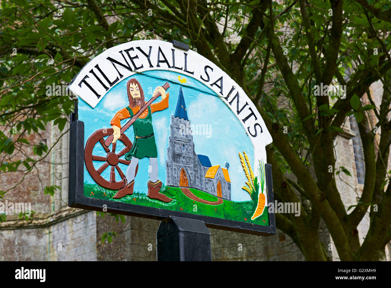 Village sign for Tilney All Saints, Norfolk, England UK Stock Photo
