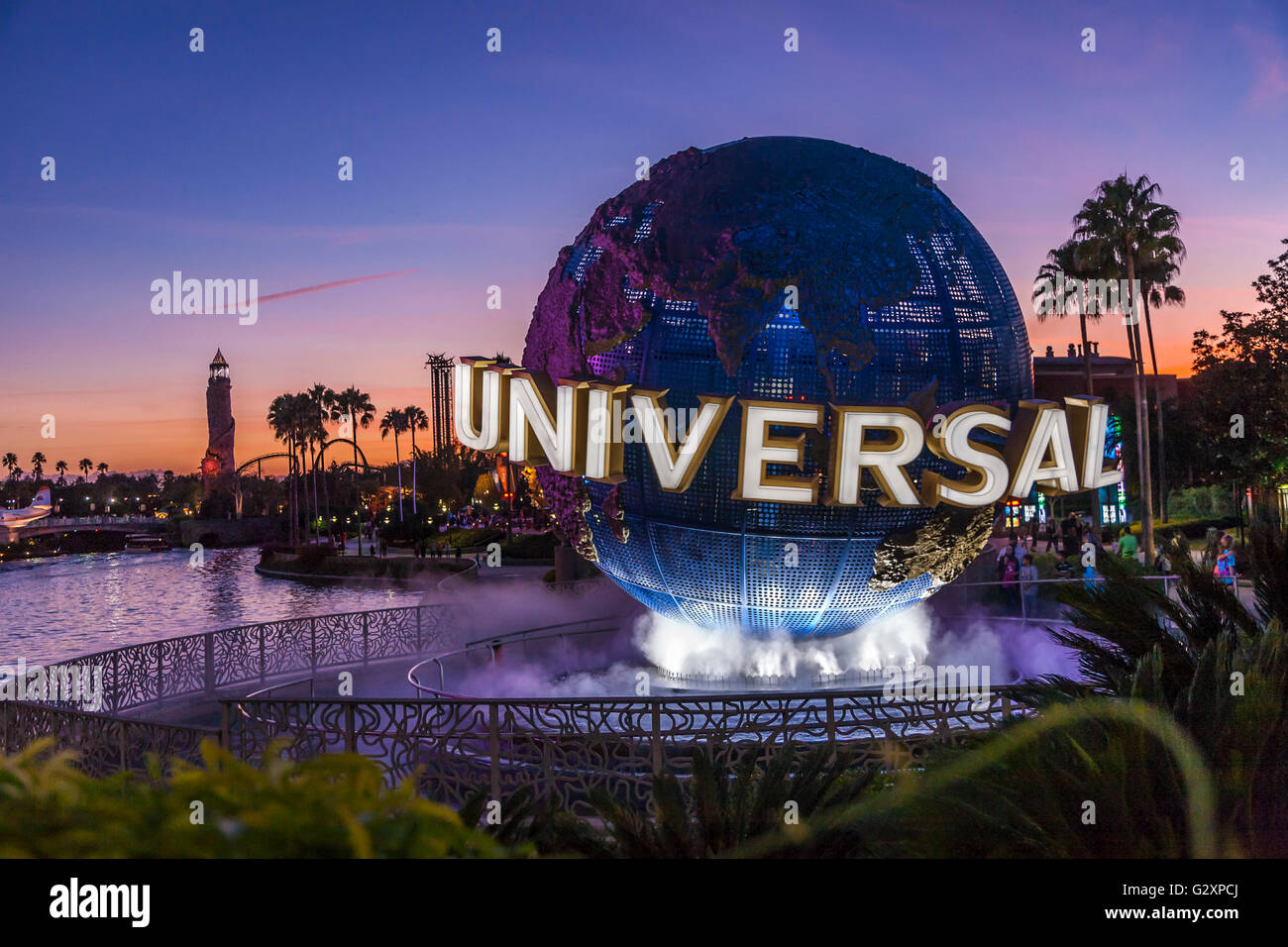 Lighted globe fountain near entrance to Universal Studios theme park in